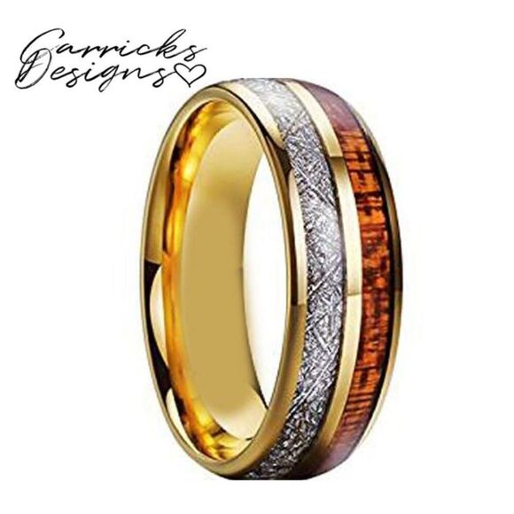 Men's Gold Meteor and Koa Wood Tungsten Wedding Ring - Wedding Ring For Him - Picture 6 of 7
